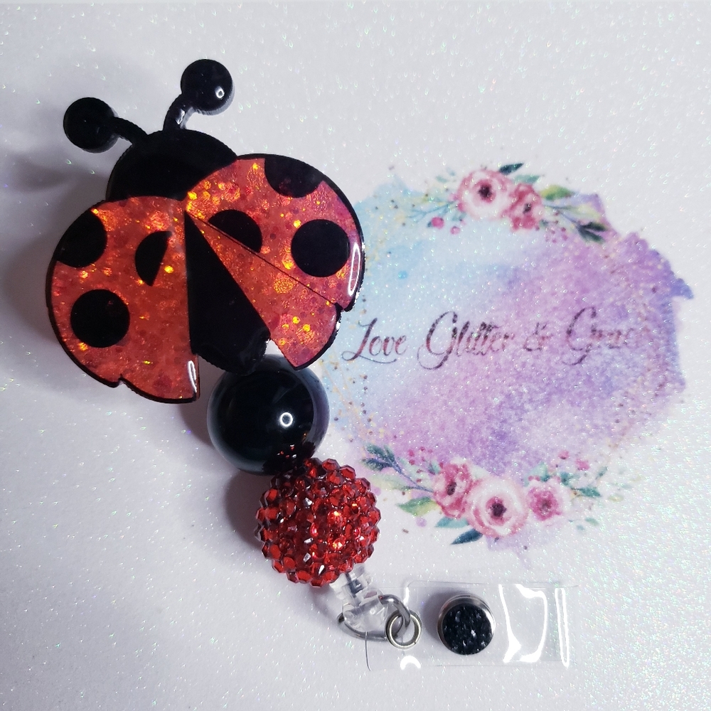 Ladybug badge reel, glitter, nurse, healthcare